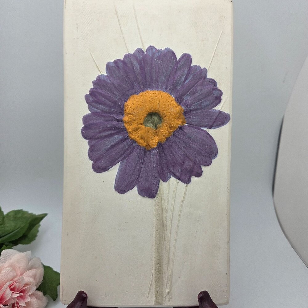 Purple Gerber Daisy Stoneware Clay Art Hand Painted Tile Susan Robertson Pottery